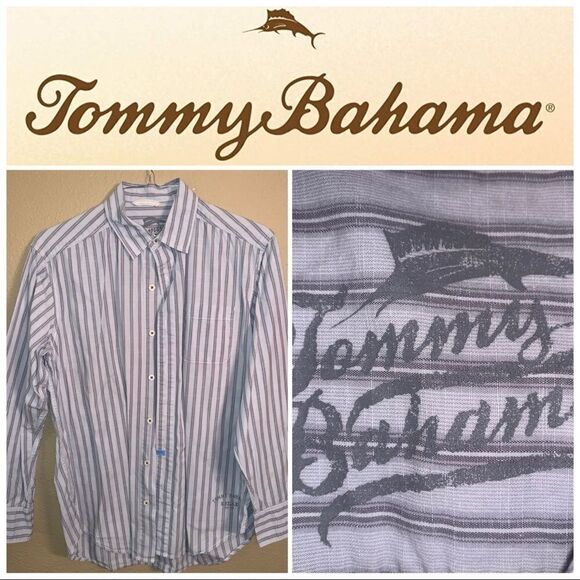 Small Tommy Bahama Gray-White Striped LS Shirt‎ - Picture 2 of 6